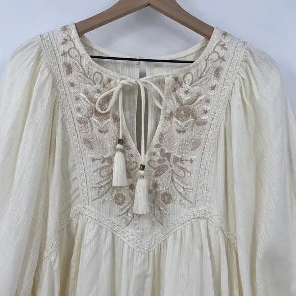 Anthropologie Viveka Embroidered Floral Mini Dress Balloon Long Sleeve Ivory S - Picture 4 of 10